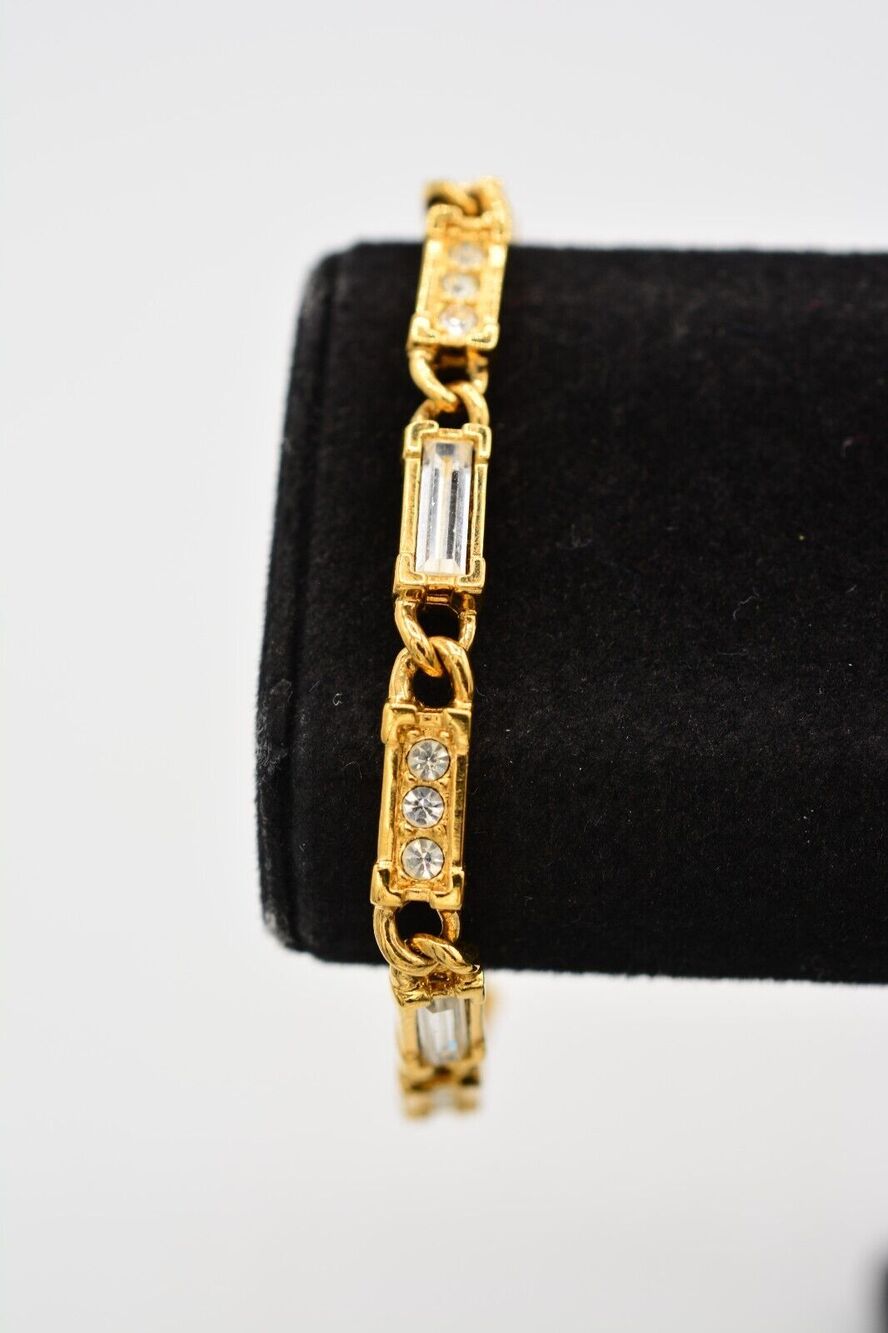 Swarovski Crystal Bracelet Baguette Rhinestone Gold Tone Swan Signed 1980s Bin8
